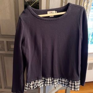 Used Vine Vineyards Sweater Top with sewn ruffle bottom Navy Gingham Medium